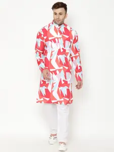 Hangup Men Red Printed Cotton Blend Kurta with Pyjamas