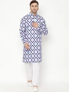 Hangup Men Blue Printed Cotton Blend Kurta with Pyjamas