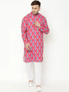 Hangup Men Red Printed Cotton Blend Kurta with Pyjamas
