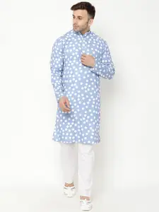 Hangup Men Blue Printed Cotton Blend Kurta with Pyjamas