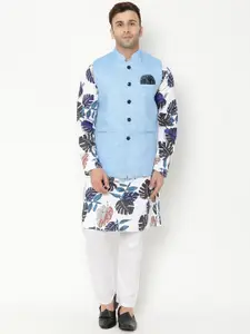 Hangup Men White Floral Printed Cotton Blend Kurta with Pyjamas