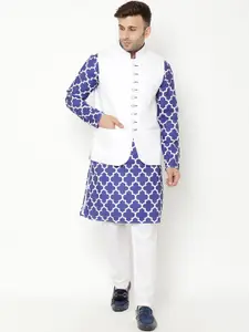 Hangup Men Blue Printed Cotton Mandarin Collar Blend Kurta with Pyjamas