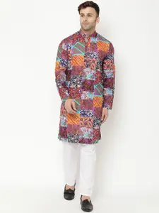 Hangup Men Maroon Printed Kurta with Pyjamas