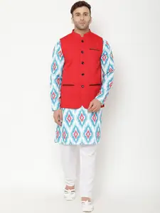 Hangup Men Blue Printed  Cotton Blend Mandarin Collar Kurta with Pyjamas