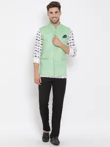 Hangup Men Green Printed Linen Kurta with Pyjamas