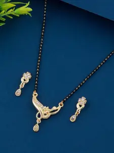 Silver Shine Gold-Plated White AD-Studded & Beaded Mangalsutra With Earrings