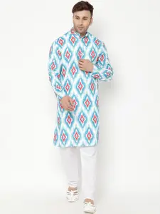 Hangup Men Blue Printed Cotton Blend Kurta with Pyjamas
