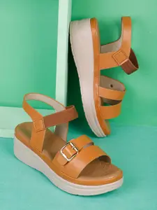 ICONICS Tan Wedge Sandals with Buckles