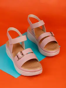 ICONICS Peach-Coloured Colourblocked Comfort Sandals with Buckles