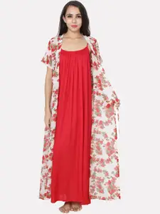 PATRORNA Women Solid Shoulder Strap Maxi Nightdress With Printed Poly Blend Robe