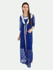 PATRORNA Women Self Designed Midi Nightdress With Maxi Net Robe