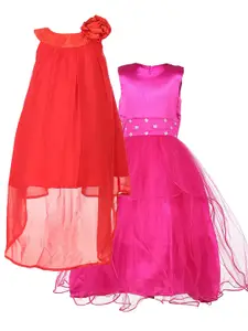 Samsara Couture Pink & Red Embellished Pack Of 2 Net A-Line Dress