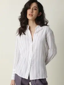 RAREISM White & Purple Striped Mandarin Collar Shirt Style Top