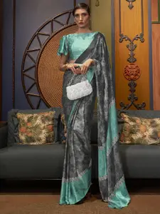 Mitera Grey & Sea Green Printed Crepe Saree