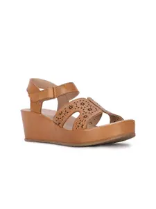 Hush Puppies Textured Leather Wedge Sandal with Laser Cut Heels