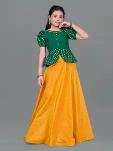 FASHION DREAM Girls Green & Orange Printed Ready to Wear Lehenga &