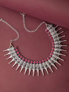 DEEBACO Silver-Toned & Pink Silver Silver-Plated Oxidised Necklace