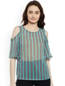 Miss Chase Women Grey & Blue Striped Sheer Top