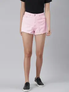 London Rag Women Pink Pure Cotton High-Rise Denim Shorts