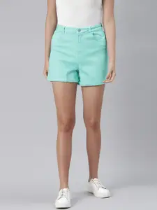 London Rag Women Turquoise Blue Solid High-Rise Shorts