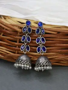 I Jewels Blue Silver Oxidised Contemporary Jhumkas Earrings