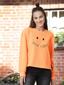 Athena Women Orange Printed Fleece Sweatshirt