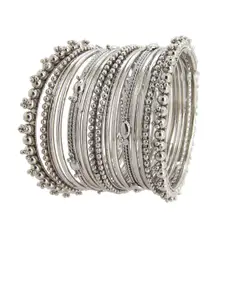 FEMMIBELLA Set of 16 Pcs Silver-Plated Textured Oxidised Bangles