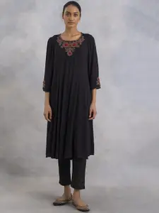 W The Folksong Collection Women Black Ethnic Motifs Embroidered Kurta