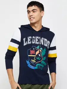 max Men Blue Printed Hooded Pure Cotton Pull Over Sweatshirt