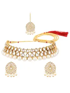 Efulgenz Gold-Plated Kundan Necklace With Earrings & Maangtikka