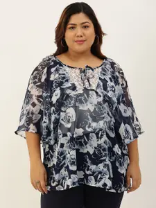 theRebelinme Navy Blue & Off White Floral Printed Tie-Up Neck Plus Size Georgette Top