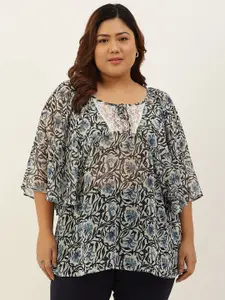 theRebelinme Blue & Beige Floral Print Tie-Up Plus Size Neck Top