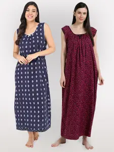 Shararat Women Pack Of 2 Printed Maxi Cotton Nightdress