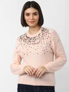 FOREVER 21 Women Peach-Coloured & Red Embroidered Pullover
