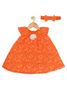 Creative Kids Girls Orange Printed A-Line Dress With Headband