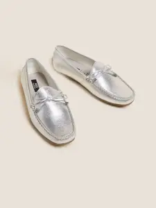 Marks & Spencer Women Solid Metallic Leather Loafers with Bow Detail