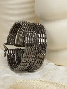 Moedbuille Women Brass Tribal Design Oxidised Silver-Plated Cuff Bracelet