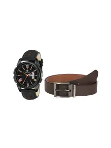 MARKQUES Men Solid Leather Watch & Belt  Gift Set
