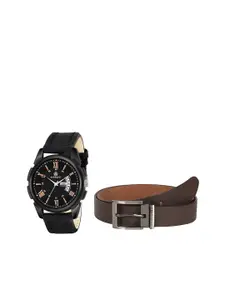 MARKQUES Men Solid Leather Watch and Belt Combo Gift Set