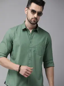 Roadster Men Olive Green Solid Pure Cotton Casual Shirt
