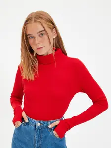 Trendyol Women Red High Neck Pure Cotton Top
