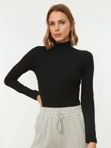 Trendyol Women Solid High Neck Pure Cotton Fitted Top