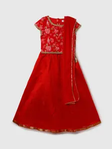 max Girls Red & Gold-Toned Printed Ready to Wear Lehenga & Blouse With Dupatta