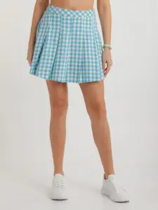 zink Z Women Blue Checked A-Line Pleated Skirt