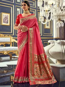 elora Pink & Gold-Toned Zari Silk Blend Paithani Saree