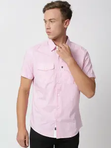 Thomas Scott Men Pink Micro Checks Striped Casual Shirt