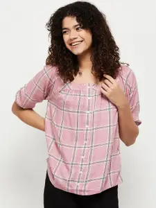 max Women Pink Checked Square Neck Regular Top
