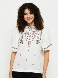 max Women Embroidered Puff Sleeves High Neck Top