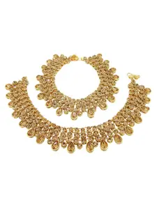 FEMMIBELLA  Gold-Plated 3 Layered Stone Anklet With Ghungroo