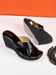 ICONICS Women Black Striped Wedge Sandals